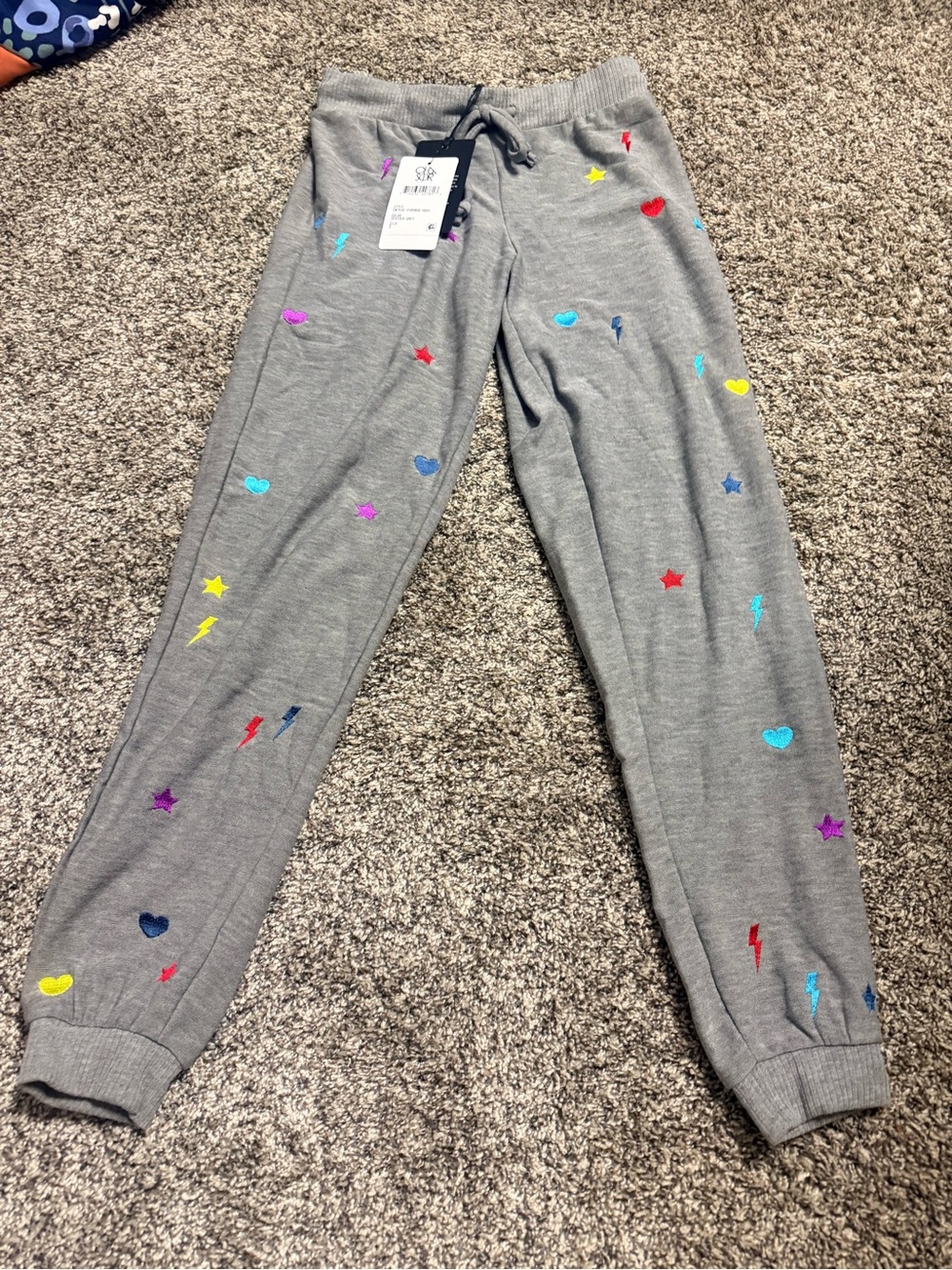 Chaser Gray Sweatpants with Multi-Color Embroidered Hearts, Stars & Lightning